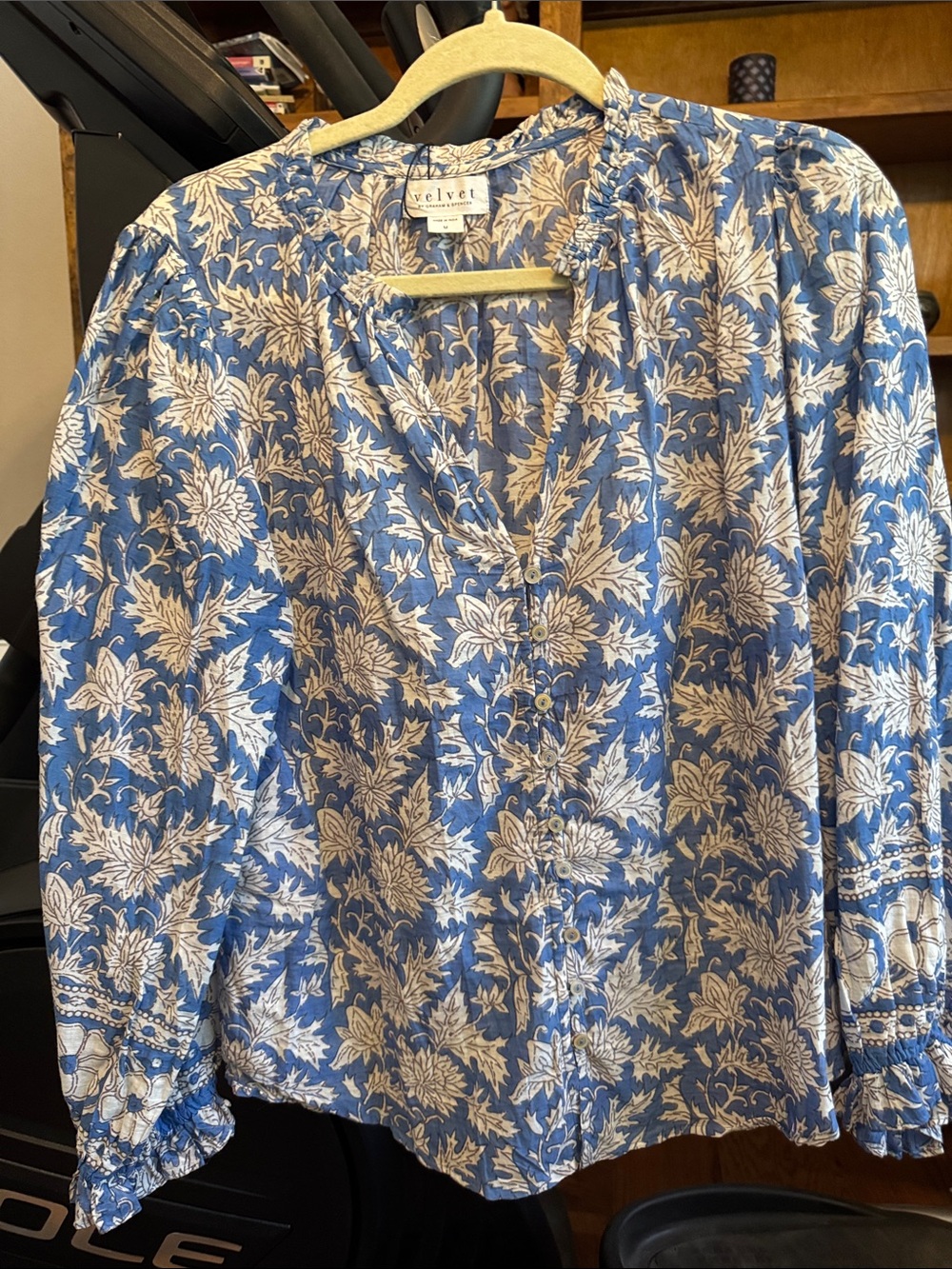 Velvet by Graham & Spencer Blue and Cream Floral Button-Up Blouse